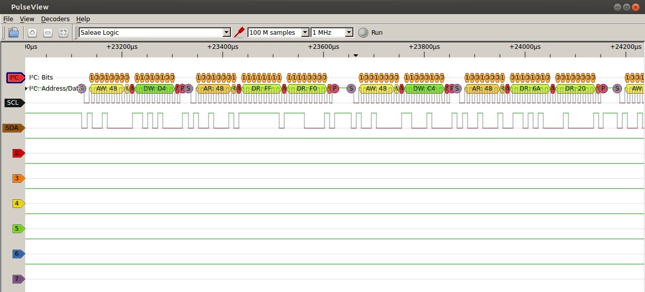 Tela do PulseView com os sinais SCL e SDA de um barramento I2C decodificados em endereços e bytes