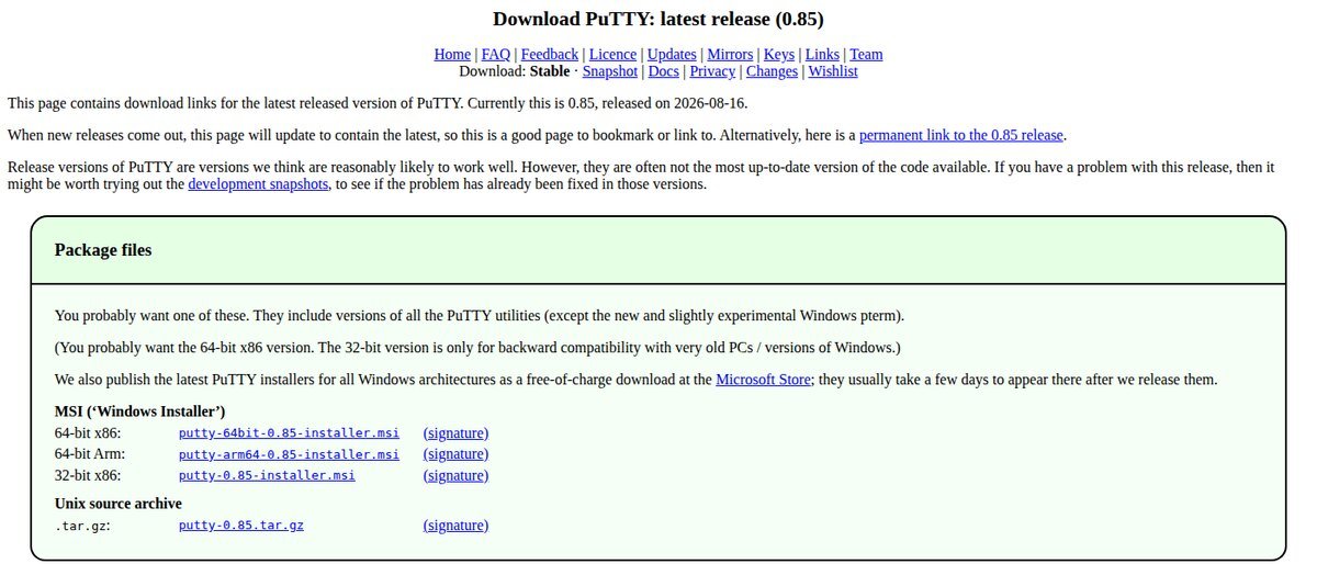 Página oficial de download do PuTTY mostrando a versão 0.85 e a lista de instaladores MSI