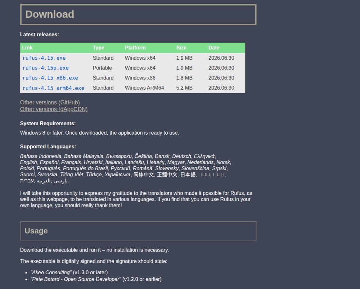 Tabela de downloads oficial do Rufus 4.15 no site rufus.ie