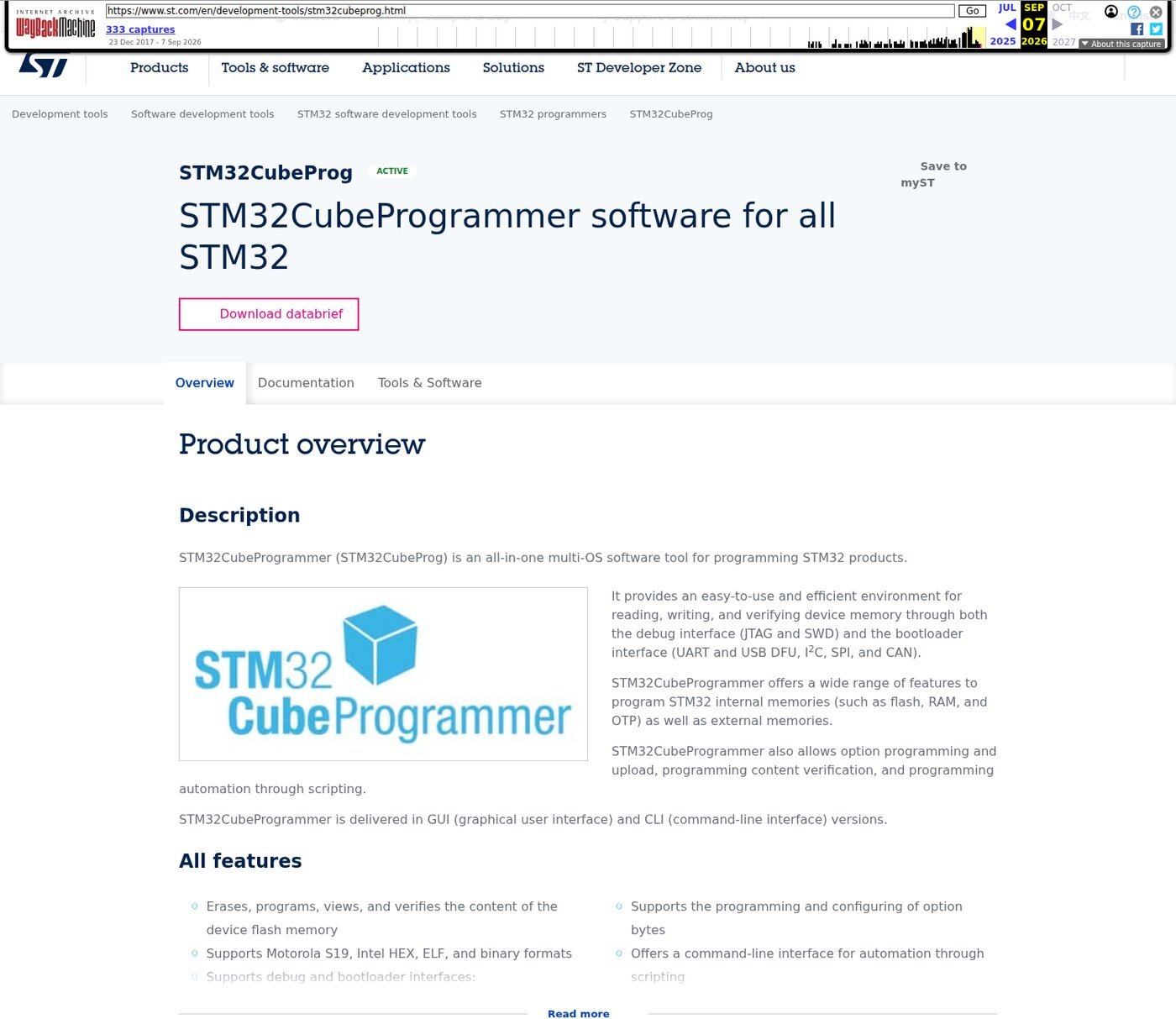 Página oficial do STM32CubeProgrammer no site da STMicroelectronics