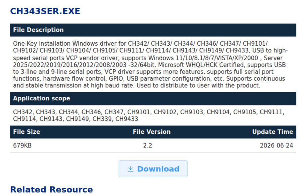 Página oficial de download do driver CH343SER.EXE no site da WCH, mostrando versão 2.2, 679 KB e data 24/06/2026
