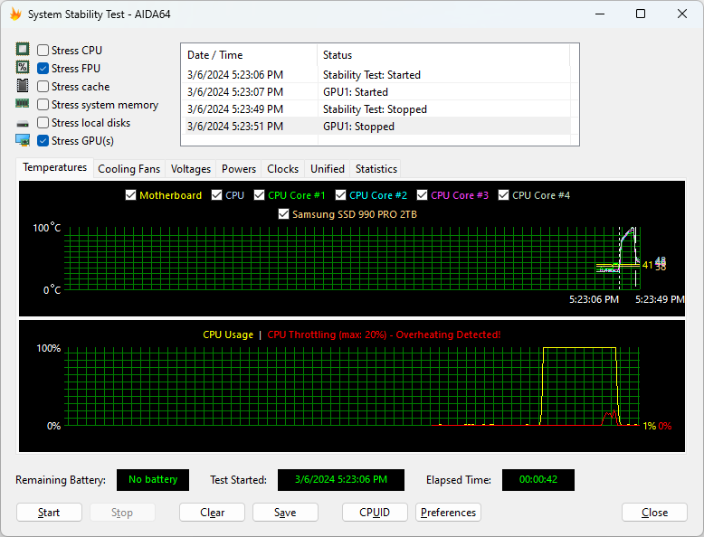 Janela do System Stability Test do AIDA64 com as opções de estresse, gráfico de temperaturas e o aviso em vermelho CPU Throttling Overheating Detected
