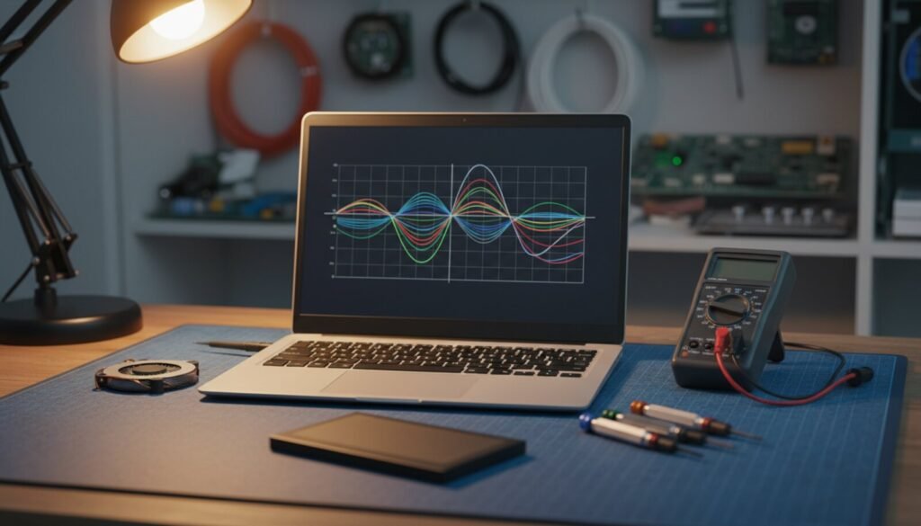 Notebook aberto numa bancada de reparo com gráficos de diagnóstico na tela, multímetro, chaves de precisão e ventoinha ao lado