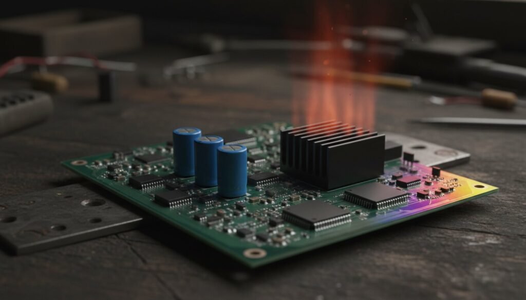 Placa de circuito em bancada escura com capacitores eletrolíticos azuis e dissipador de alumínio, com brilho de calor subindo