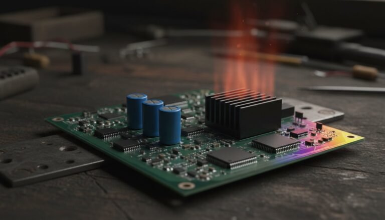 Placa de circuito em bancada escura com capacitores eletrolíticos azuis e dissipador de alumínio, com brilho de calor subindo