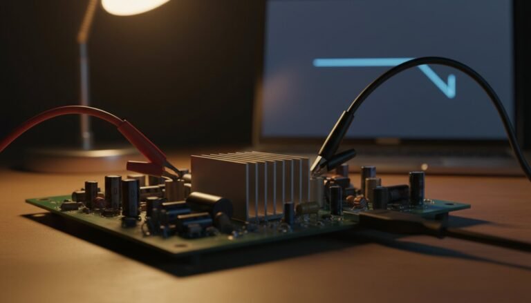 Pontas de prova presas a uma placa eletrônica com um notebook ao fundo mostrando uma linha de tensão que cai