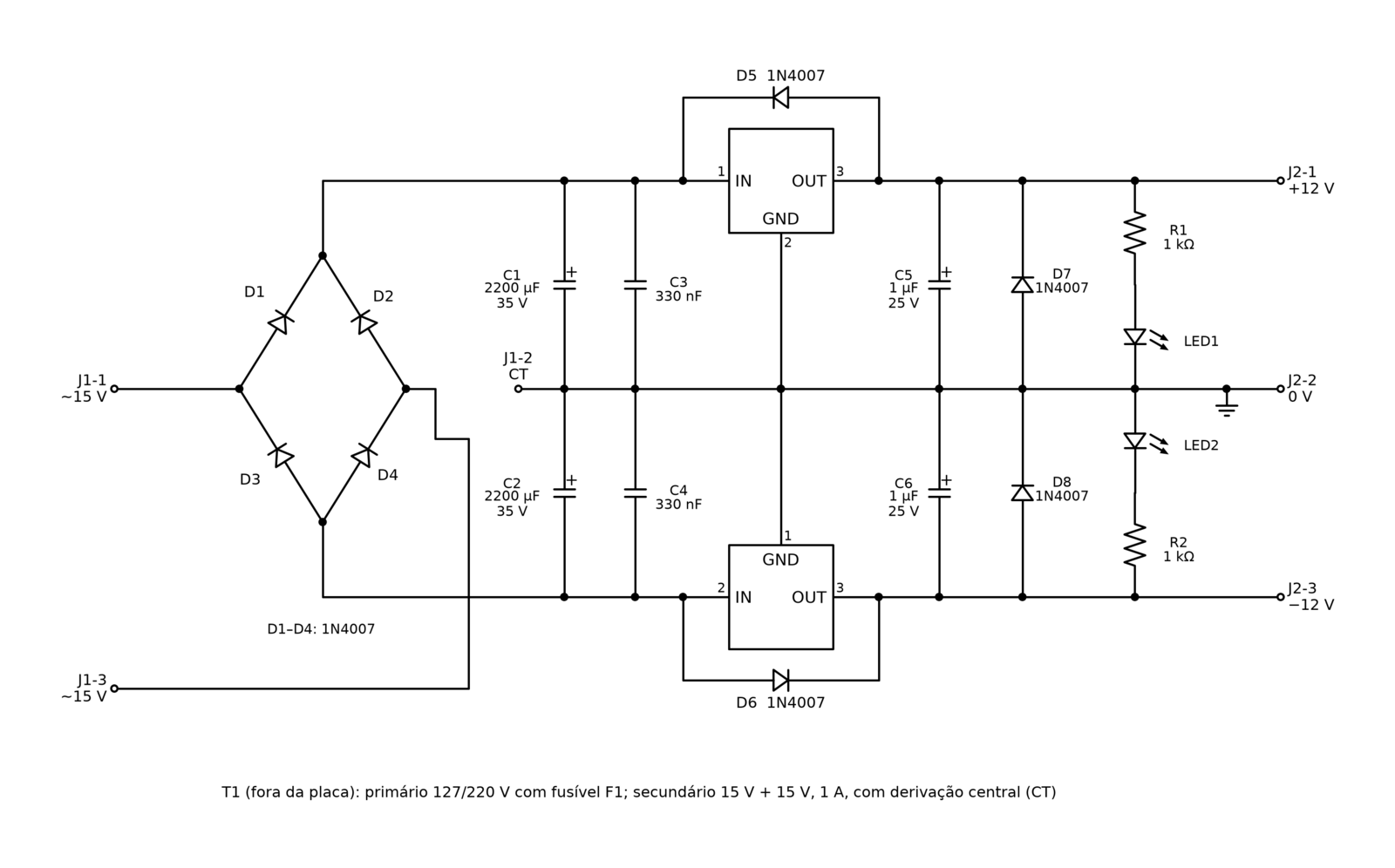Esquema da fonte simétrica de mais e menos 12 V com ponte de diodos, capacitores de filtro, reguladores 7812 e 7912, diodos de proteção e LEDs