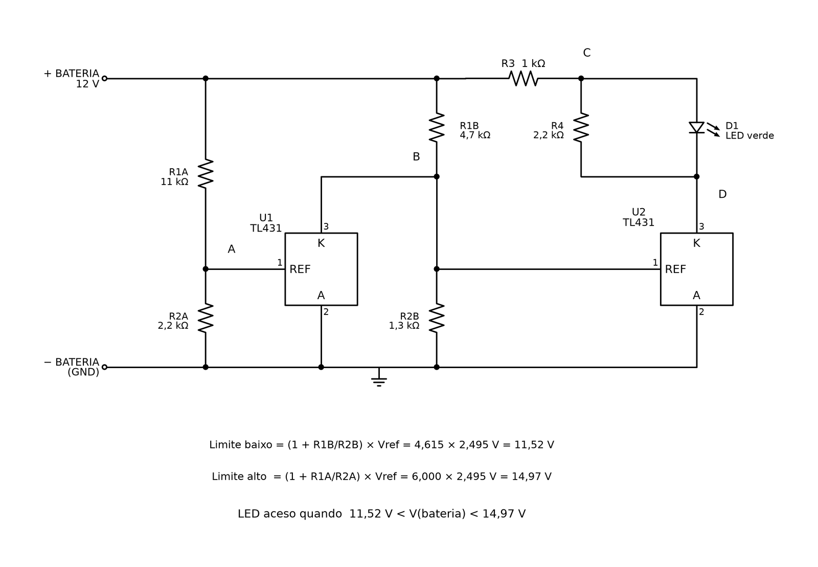 Esquema do monitor de bateria de 12 V com dois TL431, divisores R1A/R2A e R1B/R2B, R3, R4 e LED verde