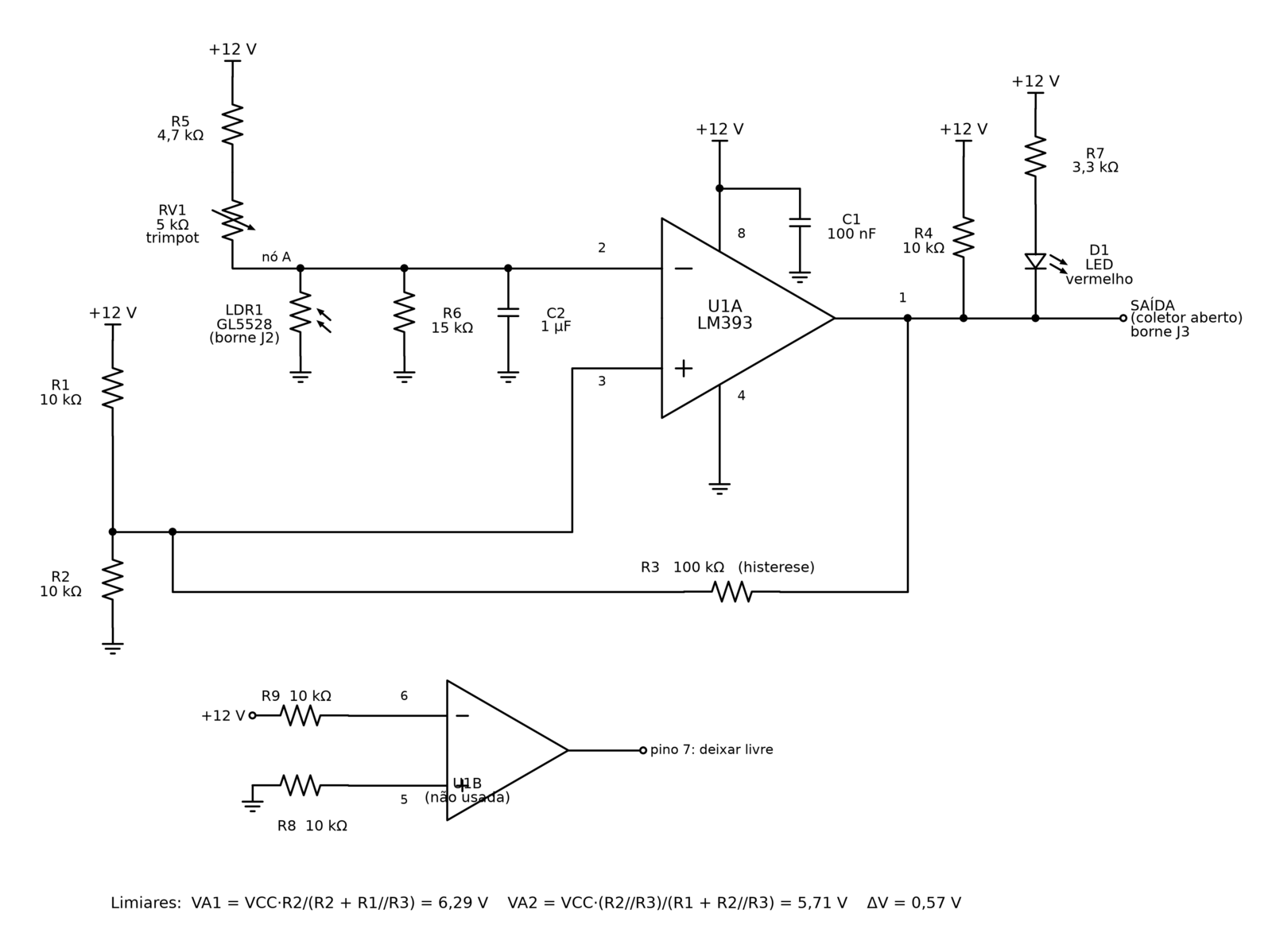 Esquema elétrico do sensor de luz com LDR e comparador LM393, com trimpot de ajuste, resistor de histerese e LED indicador