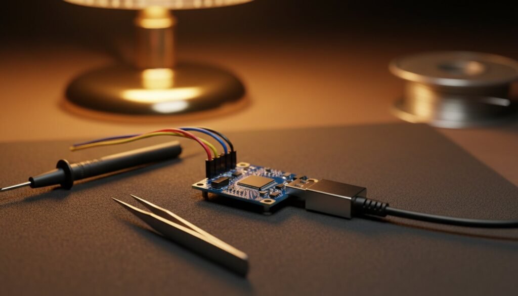 Placa de microcontrolador ligada por quatro fios a um pequeno adaptador USB de depuração, sobre a manta antiestática de uma bancada de reparo