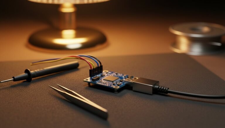 Placa de microcontrolador ligada por quatro fios a um pequeno adaptador USB de depuração, sobre a manta antiestática de uma bancada de reparo
