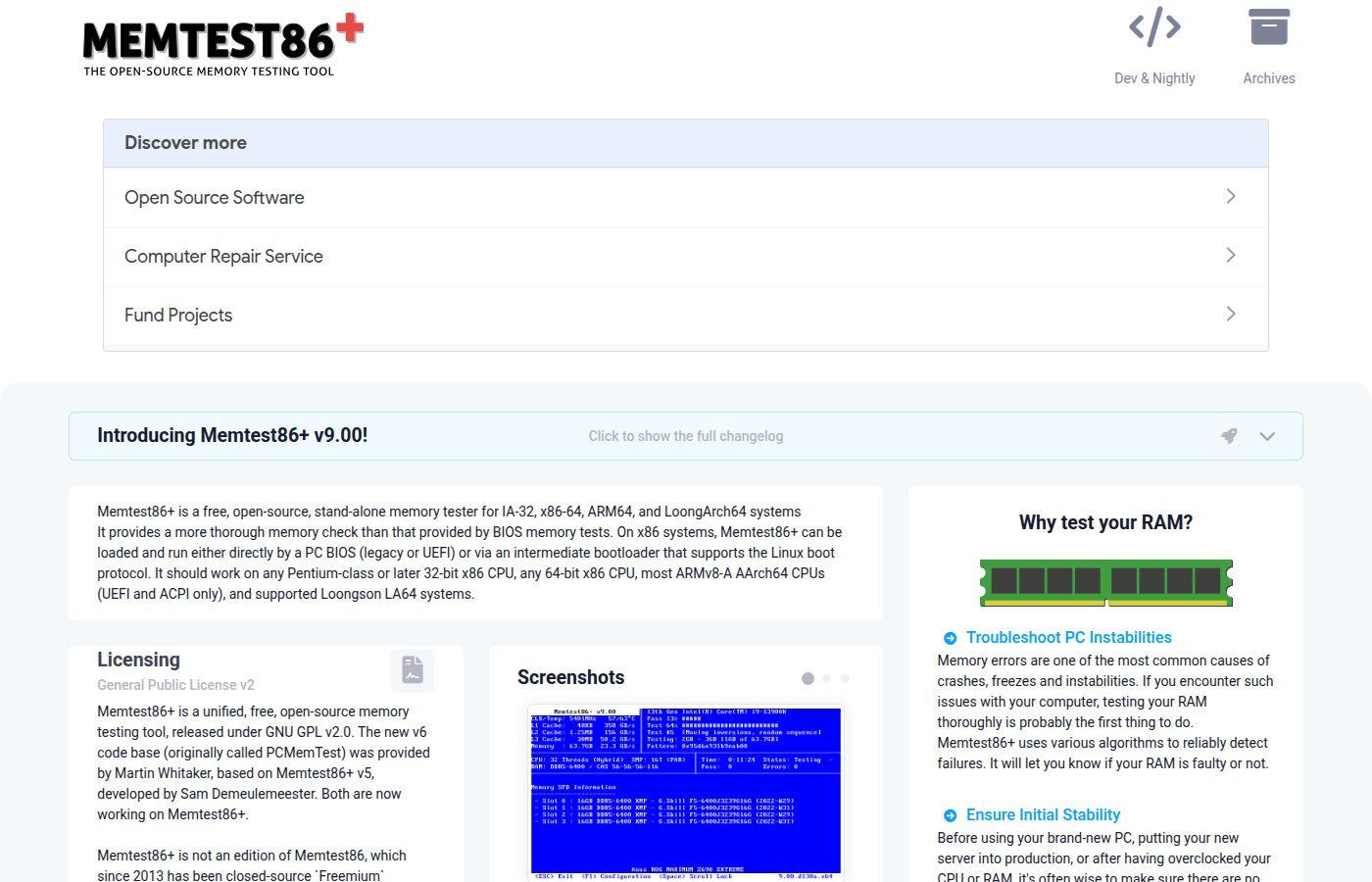 Site oficial memtest.org anunciando o Memtest86+ v9.00 com a descrição do projeto, a licença GPL v2 e a captura de tela do programa