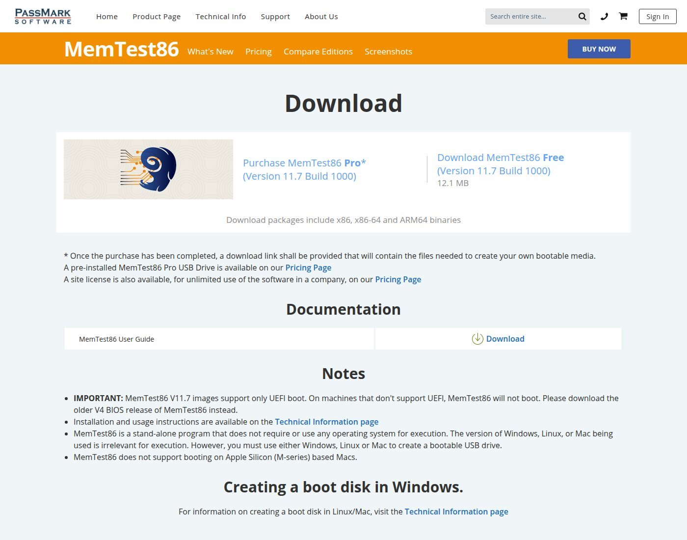 Página oficial de download do MemTest86 mostrando a versão 11.7 Build 1000 gratuita de 12,1 MB e o aviso de que só dá boot em UEFI