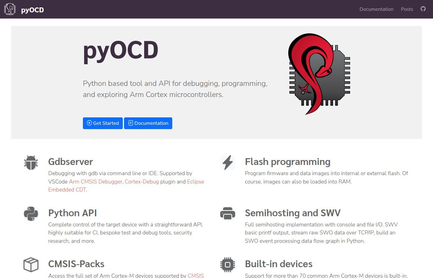 Captura de tela da página inicial do site oficial do pyOCD mostrando o logotipo, a descrição da ferramenta e os seis blocos de funções: gdbserver, gravação de flash, API Python, semihosting e SWV, CMSIS-Packs e dispositivos embutidos