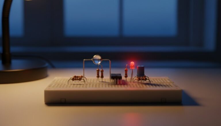 Protoboard com componentes e LED vermelho aceso sobre a bancada ao anoitecer, com luminária acesa ao lado