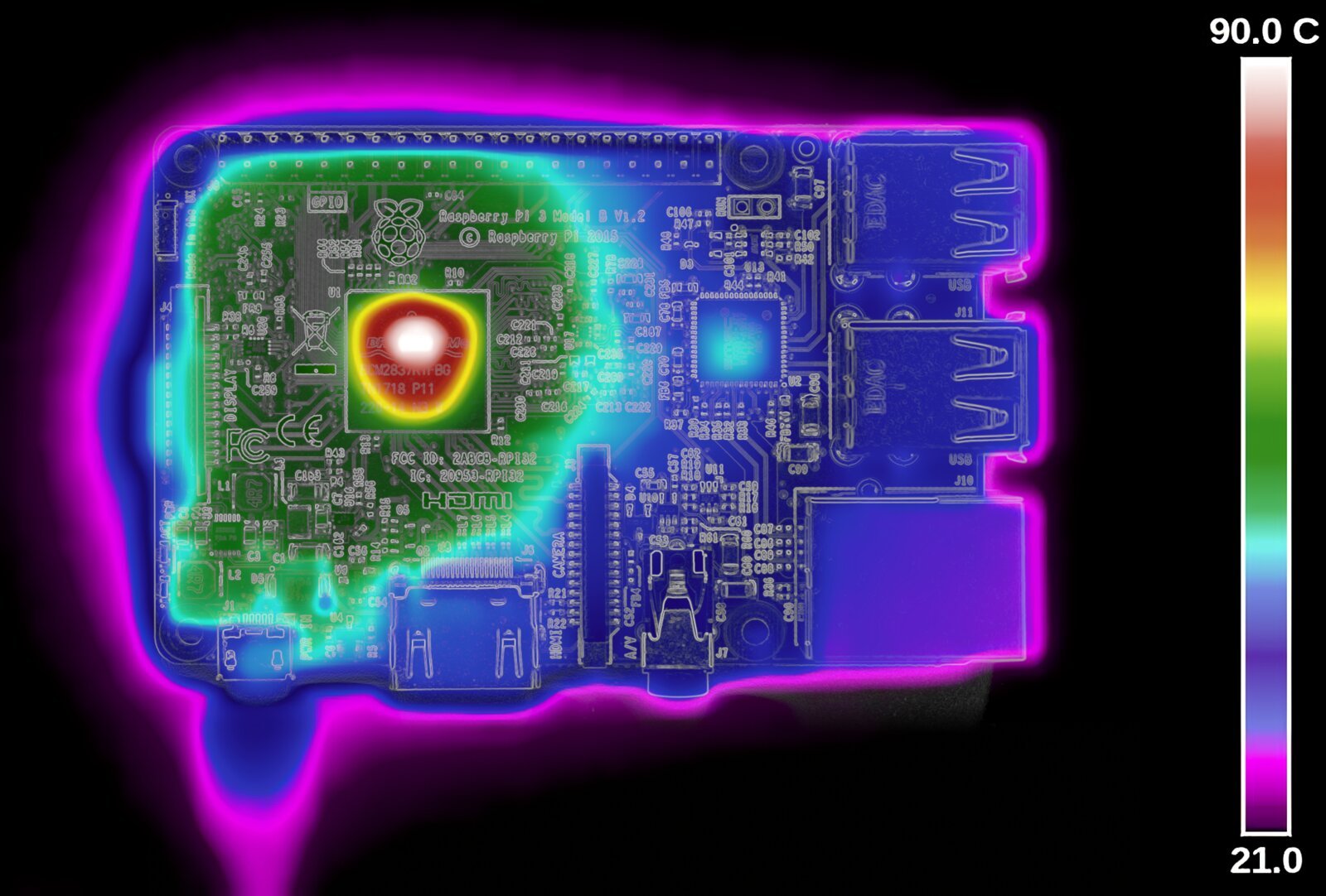 Termografia de um Raspberry Pi 3 Model B: o processador aparece como ponto branco e vermelho sobre a placa em azul e verde, com escala de 21 a 90 graus Celsius