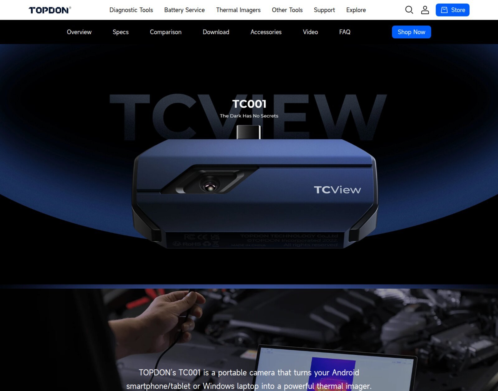 Página oficial do TOPDON TC001 com o menu Overview, Specs, Comparison, Download, Accessories, Video e FAQ e a câmera azul com a marca TCView