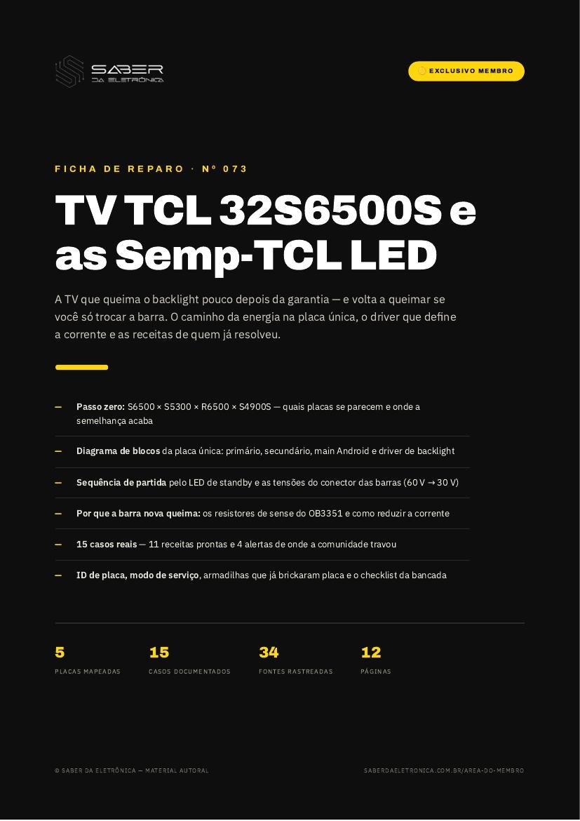 Capa da Ficha de Reparo Nº 073 — TV TCL 32S6500S + Semp-TCL LED (queima após 1 ano)