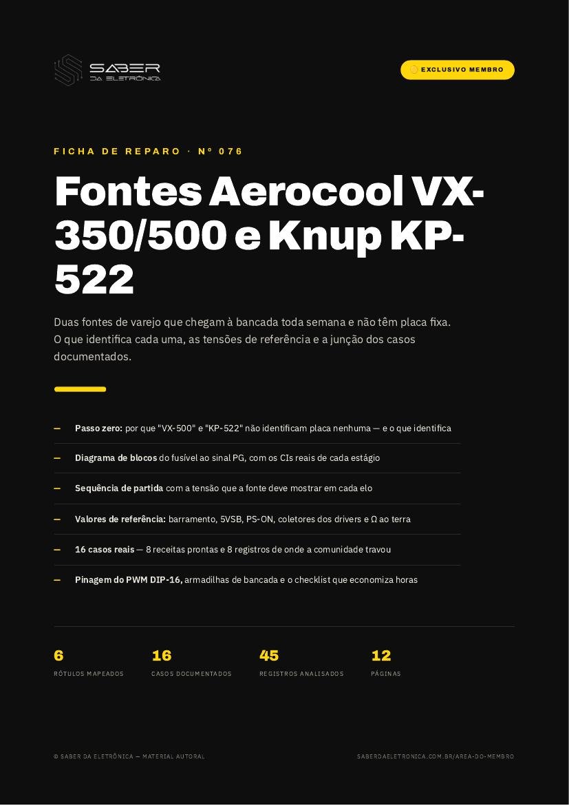 Capa da Ficha de Reparo Nº 076 — Fontes Aerocool VX-350/500 e Knup KP-522