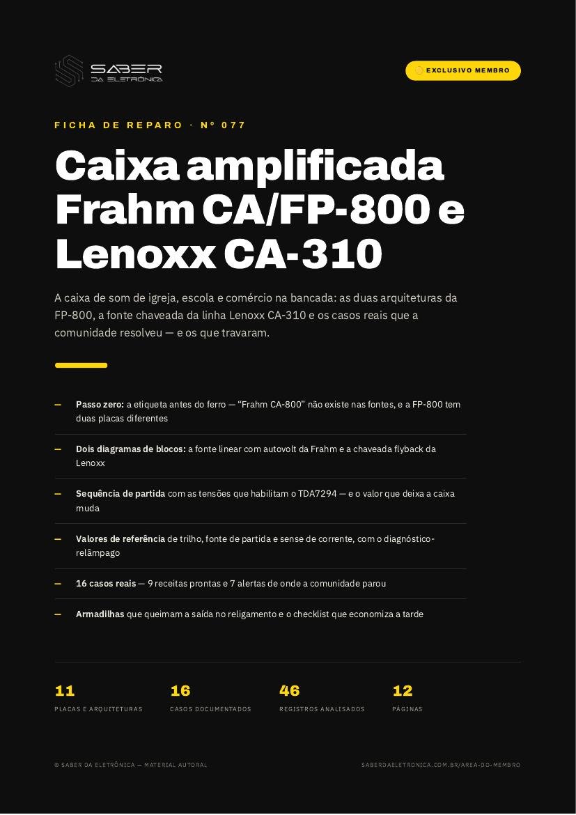 Capa da Ficha de Reparo Nº 077 — Caixa amplificada Frahm CA/FP-800 e Lenoxx CA-310