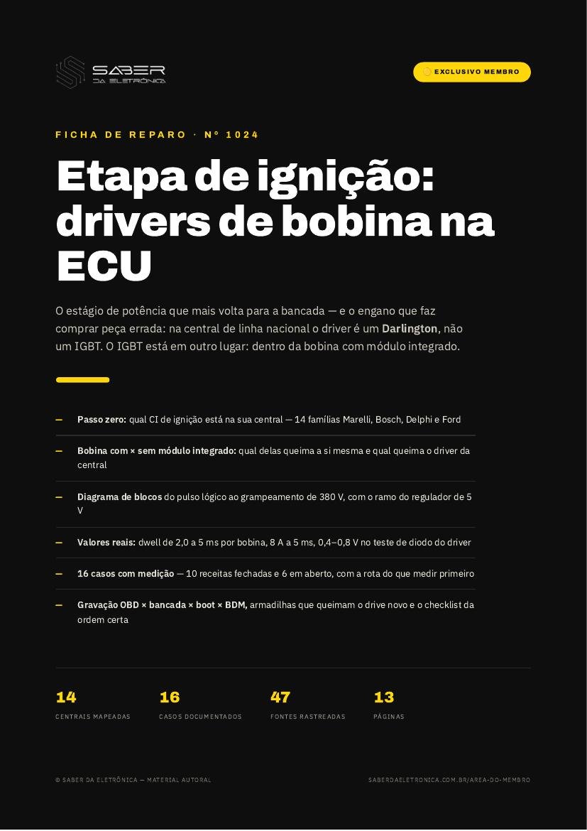 Etapa de ignição — drivers de bobina e IGBT na ECU e a bobina com módulo integrado — Ficha de Reparo da placa