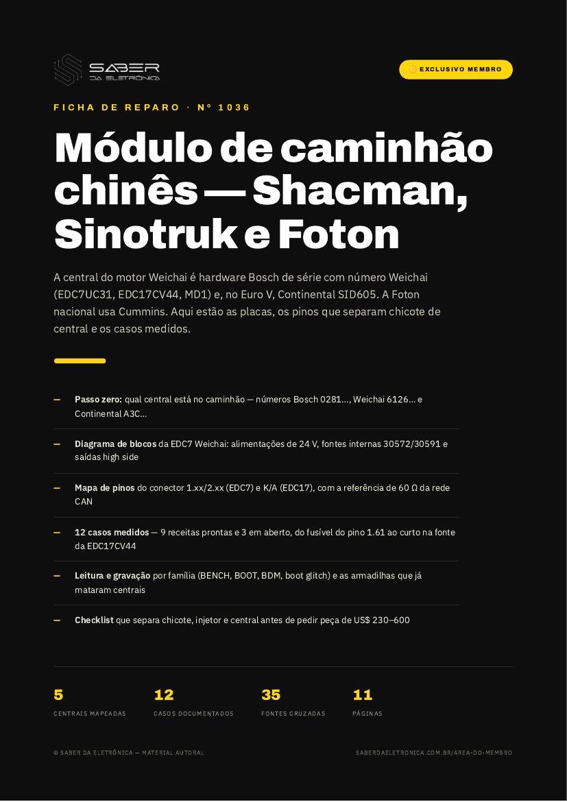Módulo de caminhão chinês — Shacman, Sinotruk e Foton com motor Weichai e Cummins — Ficha de Reparo da placa