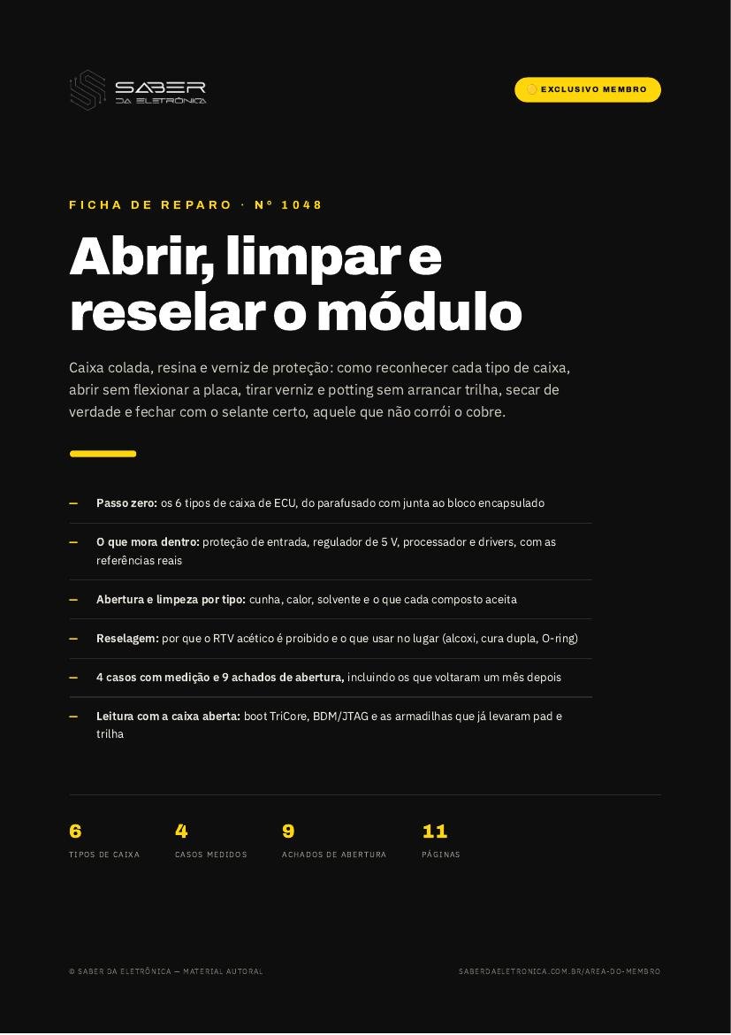 Abrir, limpar e reselar o módulo — caixa colada, resina e verniz de proteção — Ficha de Reparo da placa