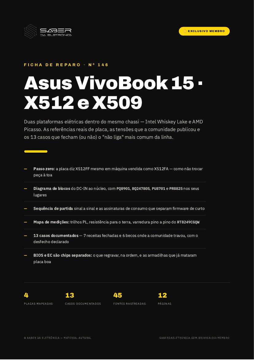 Capa da Ficha de Reparo Nº 146 — Asus VivoBook 15 Intel/AMD série X512 e X509 (X512FA · X512FF · X512DA · X509FA · X509DA)
