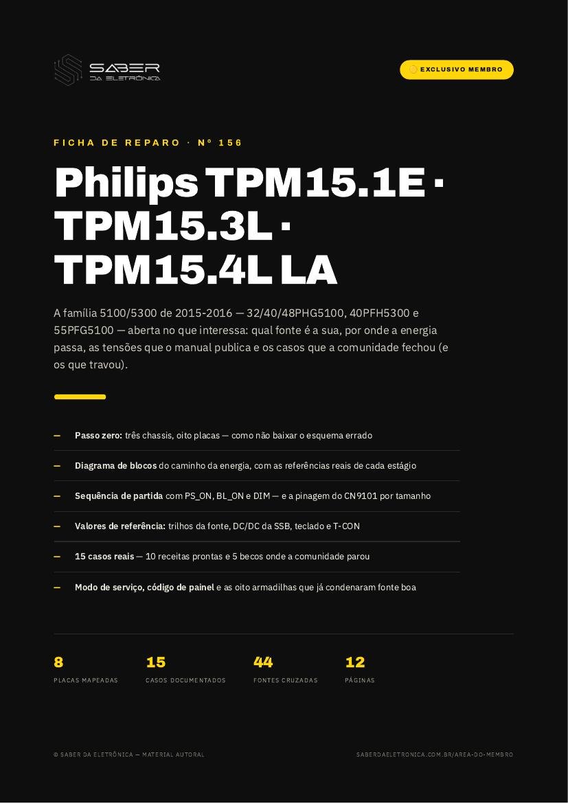 Capa da Ficha de Reparo Nº 156 — Philips chassi TPM15.1E / TPM15.3L / TPM15.4L LA — 32-40-48PHG5100 / 40PFH5300 / 55PFG5100