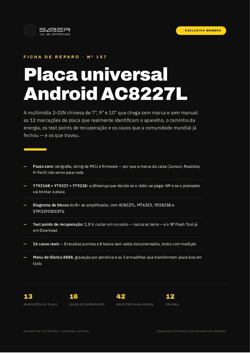 Capa da Ficha de Reparo Nº 157 — Placa universal Android AC8227L (YT9216 / YT9217 / YT9218) — 2-DIN chinesa 7