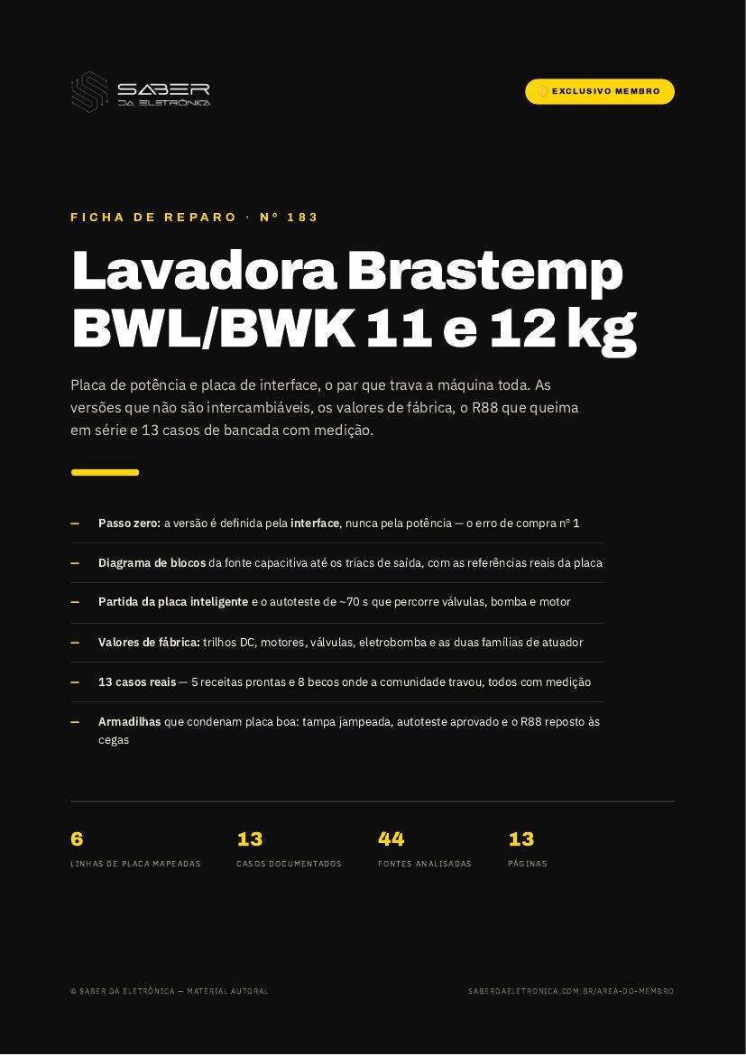 Capa da Ficha de Reparo Nº 183 — Lavadora Brastemp BWL/BWK 11 e 12 kg — placa de potência e interface