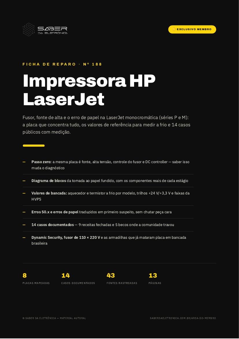 Capa da Ficha de Reparo Nº 188 — Impressora HP LaserJet — fusor, fonte de alta e o erro de papel