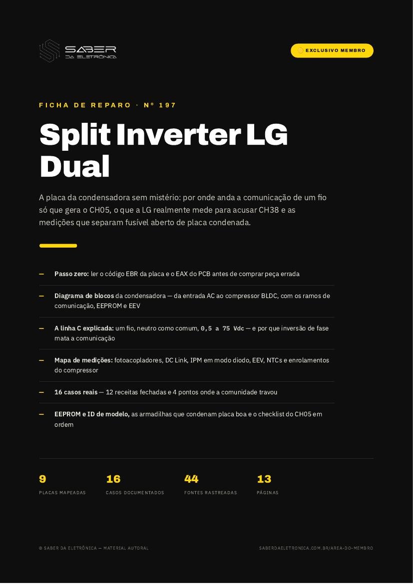 Capa da Ficha de Reparo Nº 197 — Split Inverter LG Dual — placa da condensadora e códigos CH05/CH38