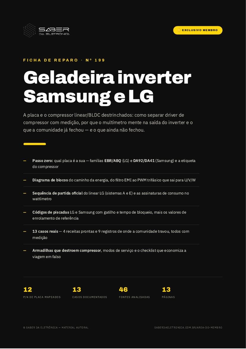 Capa da Ficha de Reparo Nº 199 — Geladeira inverter Samsung e LG — placa e o compressor linear/BLDC