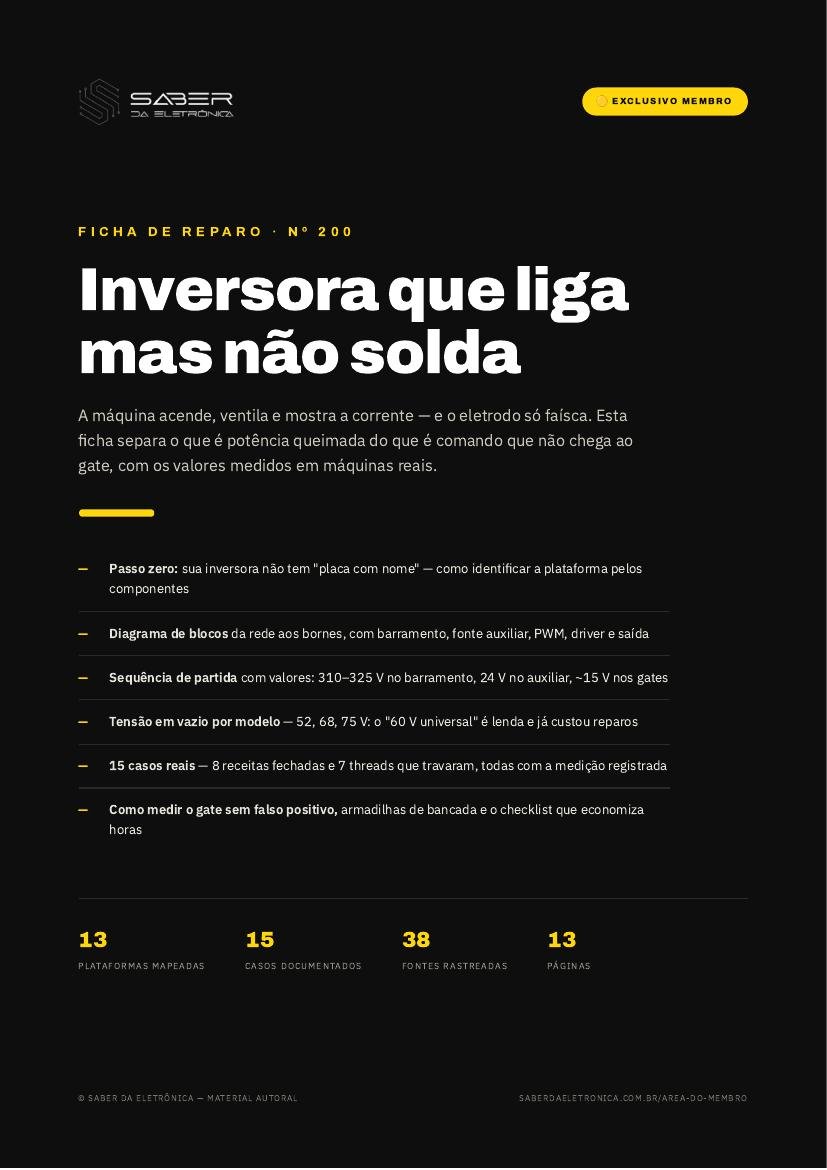 Capa da Ficha de Reparo Nº 200 — Inversora de solda que liga mas não solda — do arco à saída de corrente