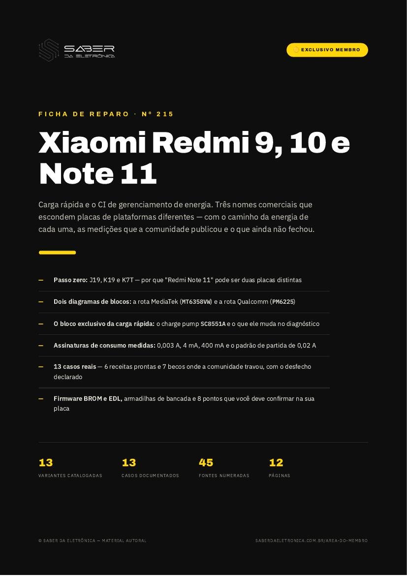 Capa da Ficha de Reparo Nº 215 — Xiaomi Redmi 9, 10 e Note 11 — carga rápida e o CI de gerenciamento