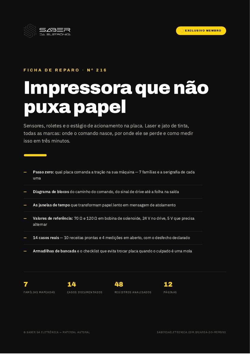 Capa da Ficha de Reparo Nº 216 — Impressora que não puxa papel — sensores, roletes e o comando