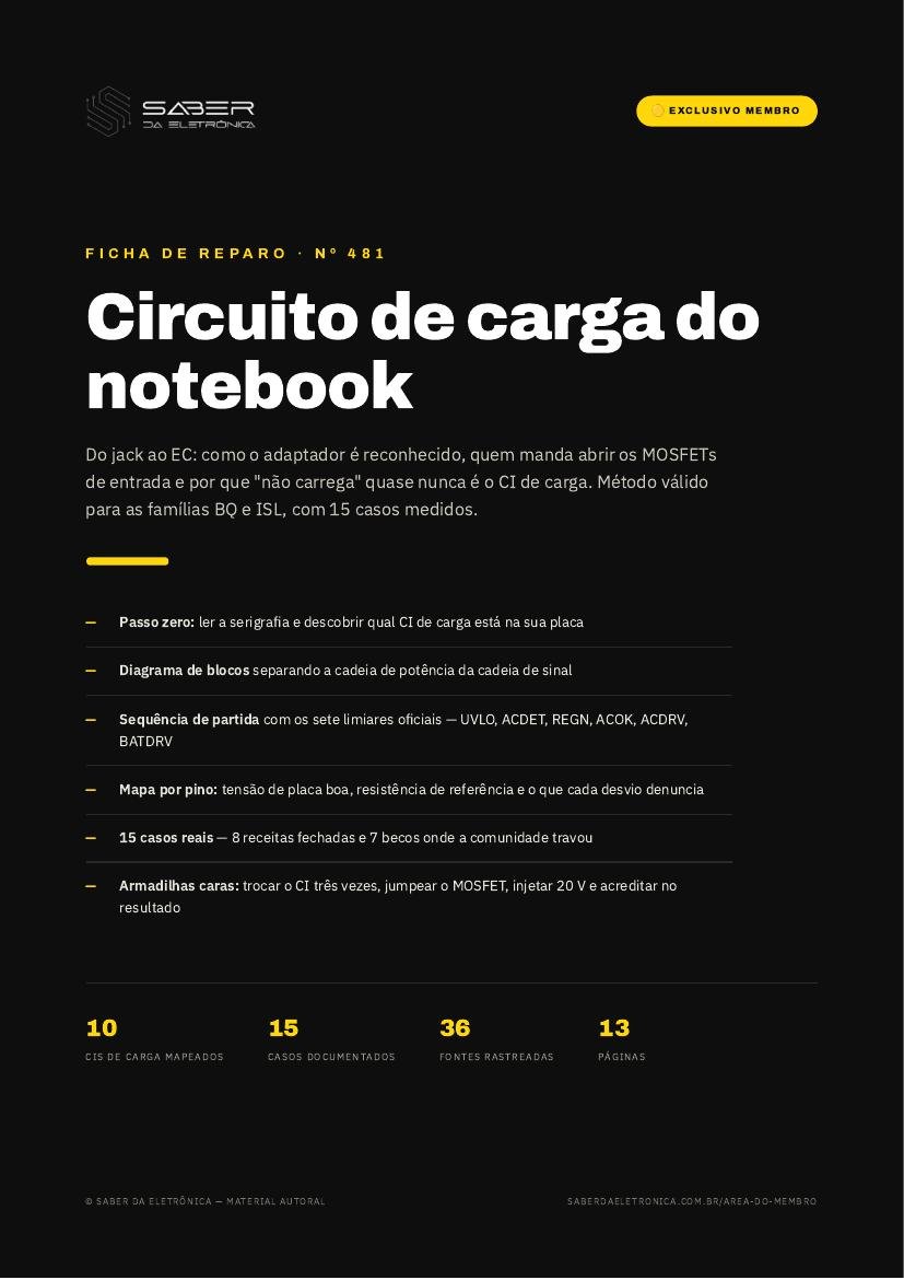 Método: Circuito de carga do notebook — do jack ao EC (ISL / BQ / OVP / MOSFETs de entrada) — Ficha de Reparo da placa