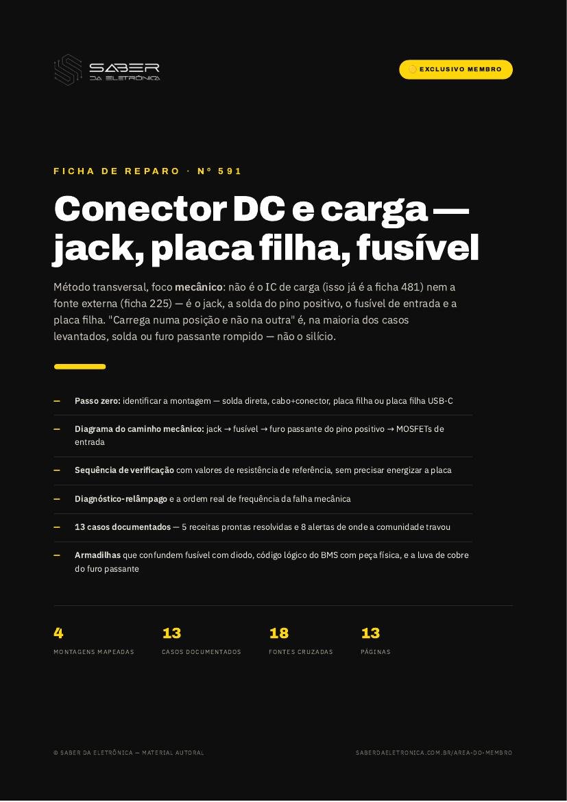 Método: conector DC e carga — jack, placa filha, fusível e o 'só carrega em uma posição' — Ficha de Reparo da placa