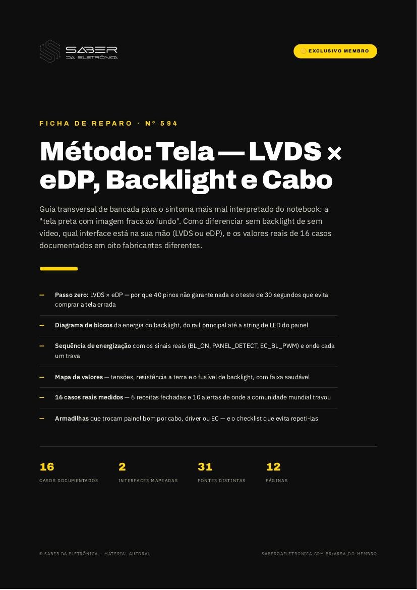 Método: tela — LVDS × eDP, backlight, inversor, cabo e o 'tela preta com imagem fraca' — Ficha de Reparo da placa