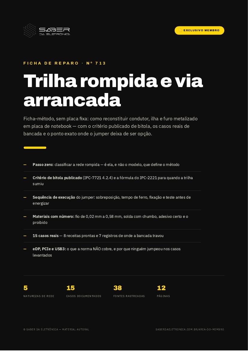Trilha rompida e via arrancada em placa de notebook — reconstituição e jumper (método) — Ficha de Reparo da placa