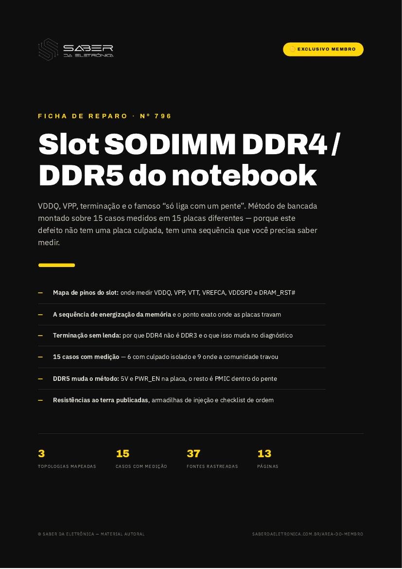 Slot SODIMM DDR4 / DDR5 do notebook — VDDQ, VPP, terminação e o “só liga com um pente” (método) — Ficha de Reparo da placa