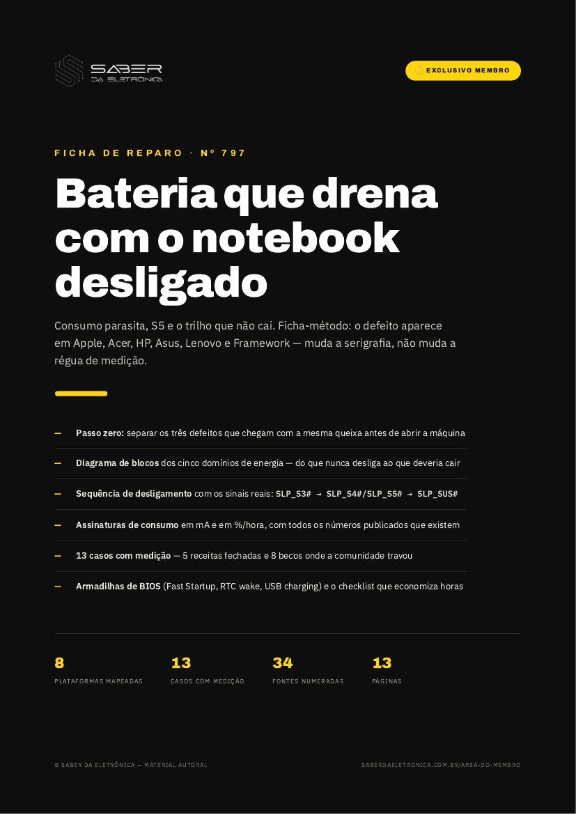 Notebook que drena a bateria desligado — consumo parasita, S5 e o trilho que não cai (método) — Ficha de Reparo da placa