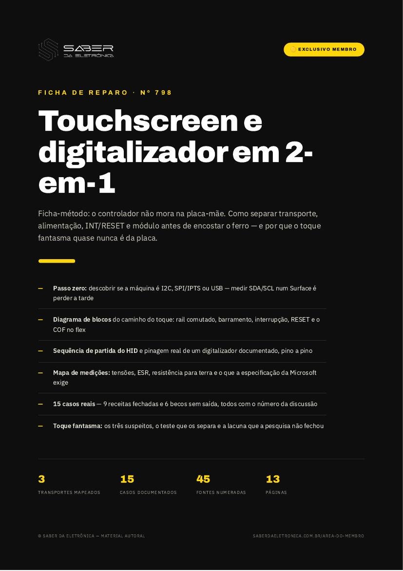 Touchscreen e digitalizador em 2-em-1 — controlador, I2C/HID e o toque fantasma (método) — Ficha de Reparo da placa
