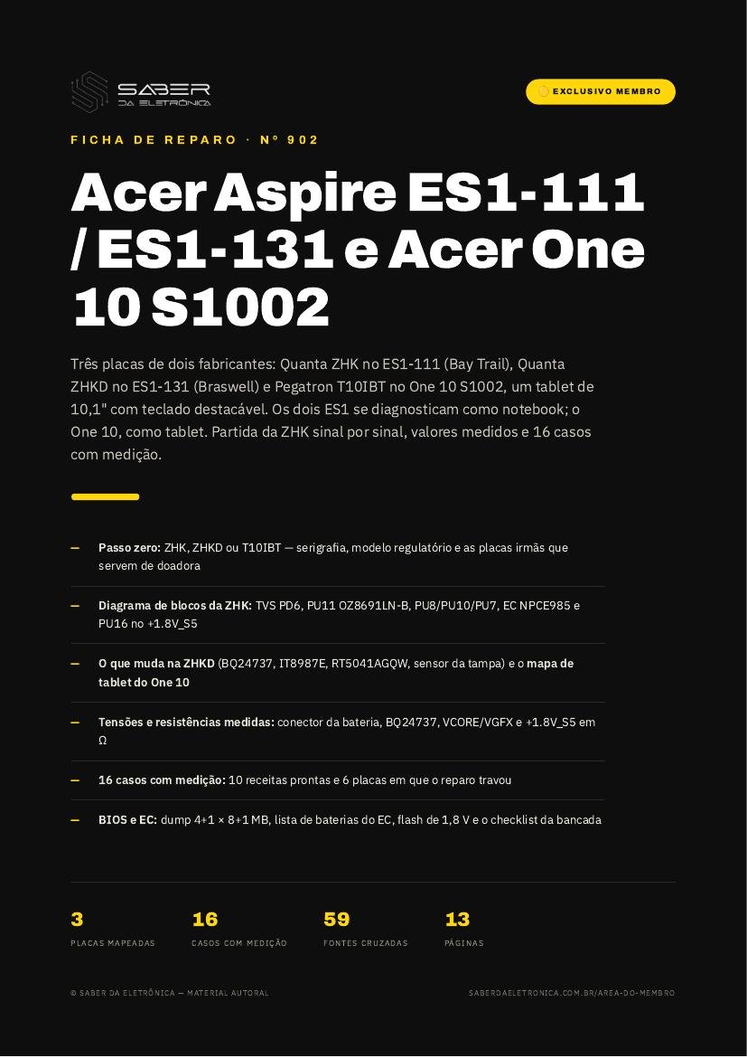 Acer Aspire ES1-111 / ES1-131 e Acer One 10 S1002 (11,6 polegadas e destacável, 2014-17) — Ficha de Reparo da placa