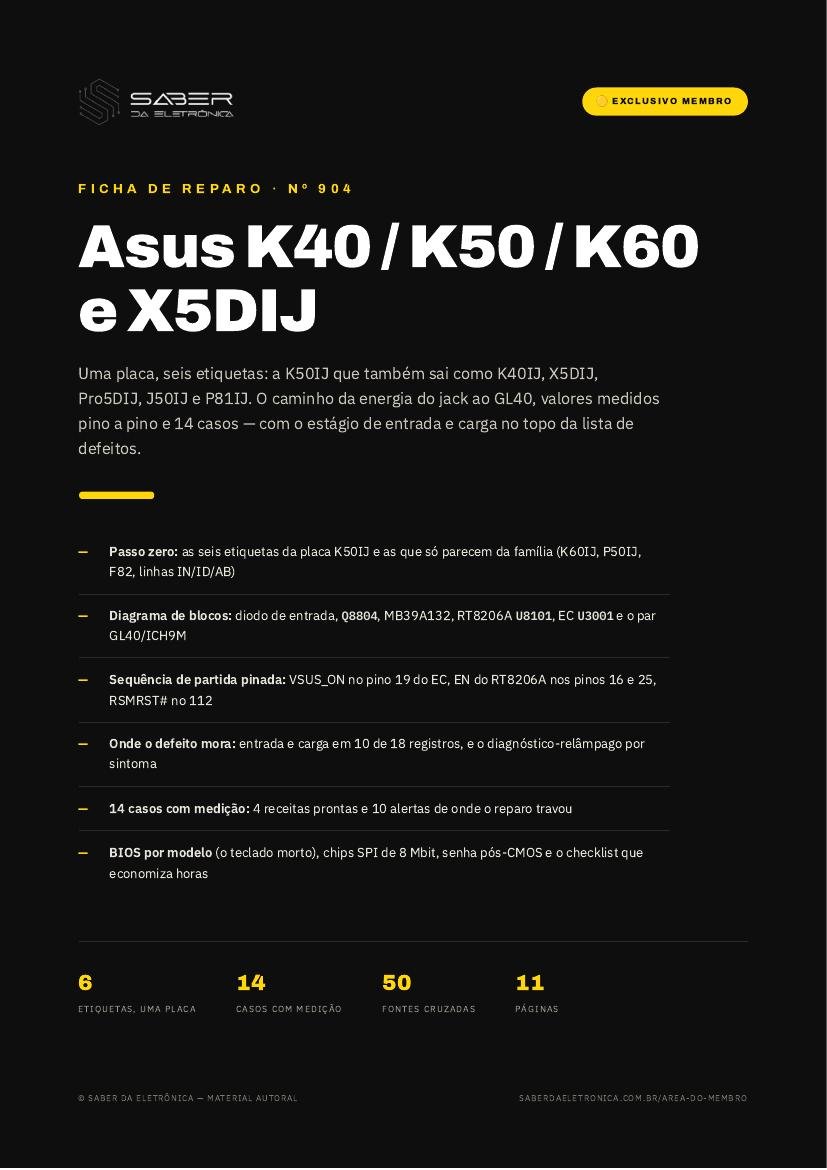Asus K40 / K50 / K60 e X5DIJ (placa K50IJ, 2009-11) — Ficha de Reparo da placa