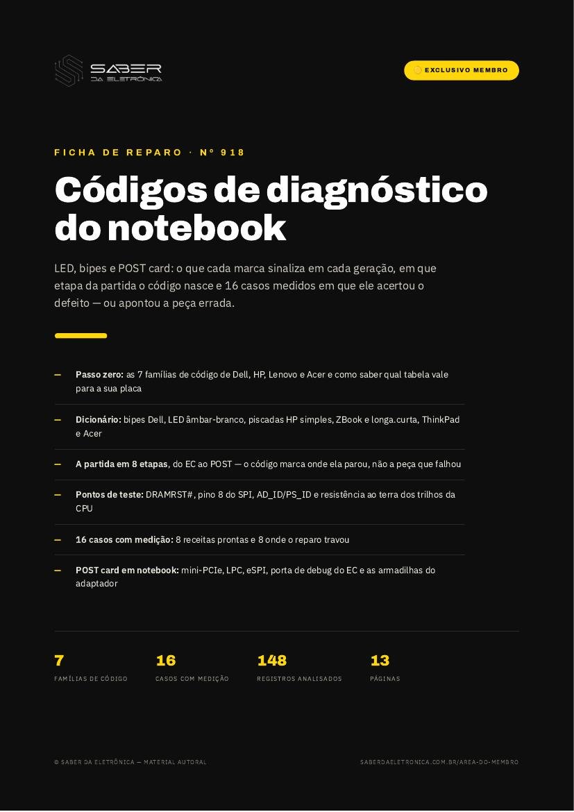 Códigos de diagnóstico do notebook — LED, bipes, POST card e o que cada marca sinaliza (método) — Ficha de Reparo da placa