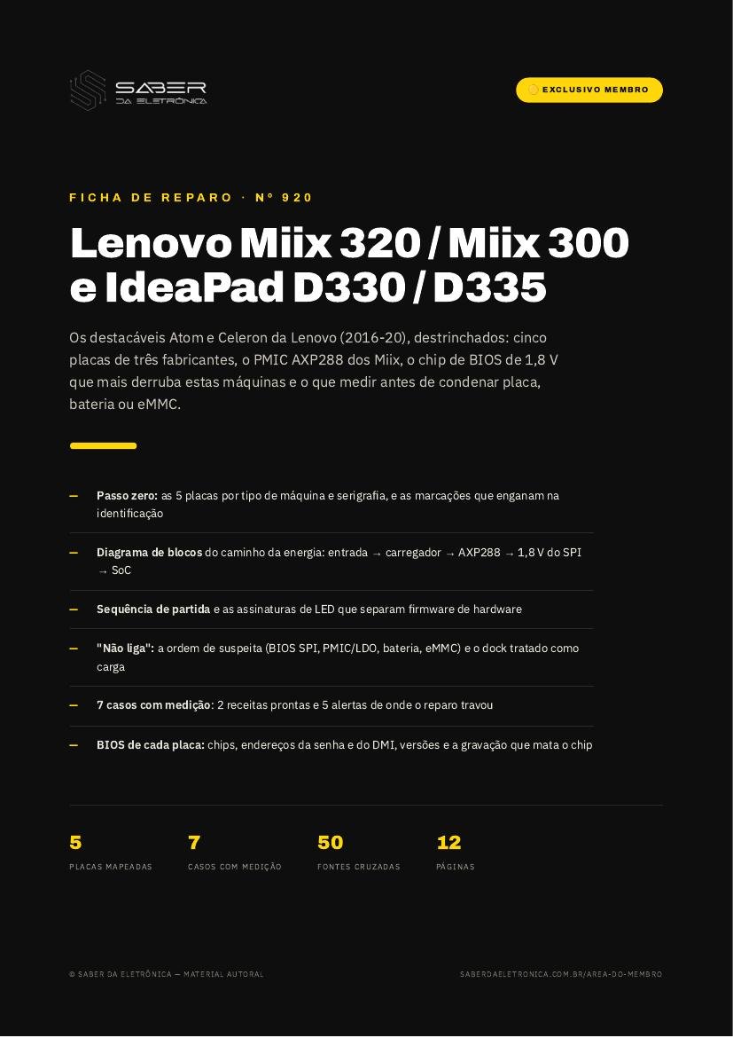 Lenovo Miix 320 / Miix 300 e IdeaPad D330 / D335 (destacáveis Atom e Celeron, 2016-20) — Ficha de Reparo da placa
