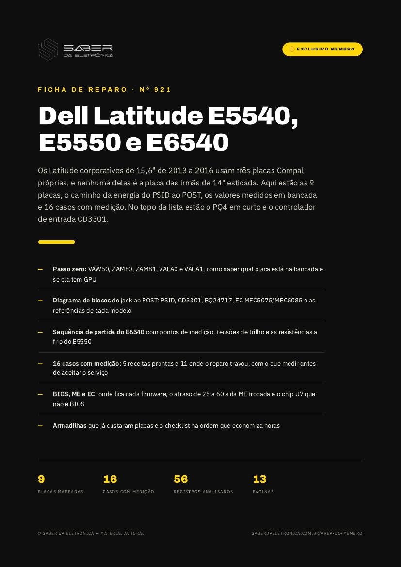 Dell Latitude E5540 / E5550 e Latitude E6540 (15,6 polegadas corporativo, 2013-16) — Ficha de Reparo da placa