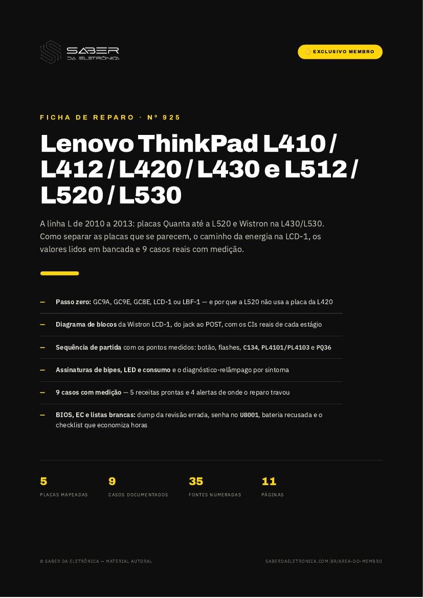 Lenovo ThinkPad L410 / L412 / L420 / L430 e L512 / L520 / L530 (2010-13) — Ficha de Reparo da placa